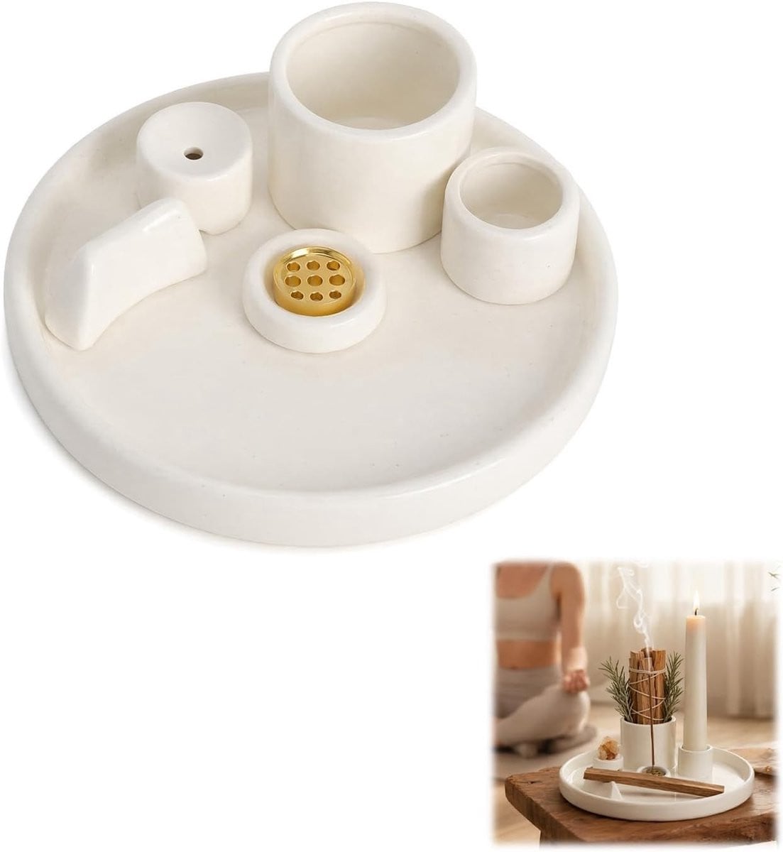 Multifunctionele keramische wierookhouder met asschaal voor salie, palo santo, wierookstokjes en kegels