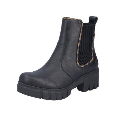 Chelseaboots RIEKER, Damen, Gr. 39, wärmend, schwarz, Elastischer Einsatz, Lederimitat, Schuhe Chelseaboots, Stiefelette mit dekorativer Einfassung in Leo-Optik