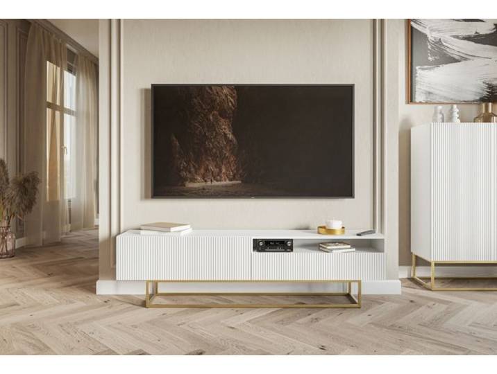 Selsey VELDIO - Meuble TV avec niche - 175 cm - blanc sur pieds dorés