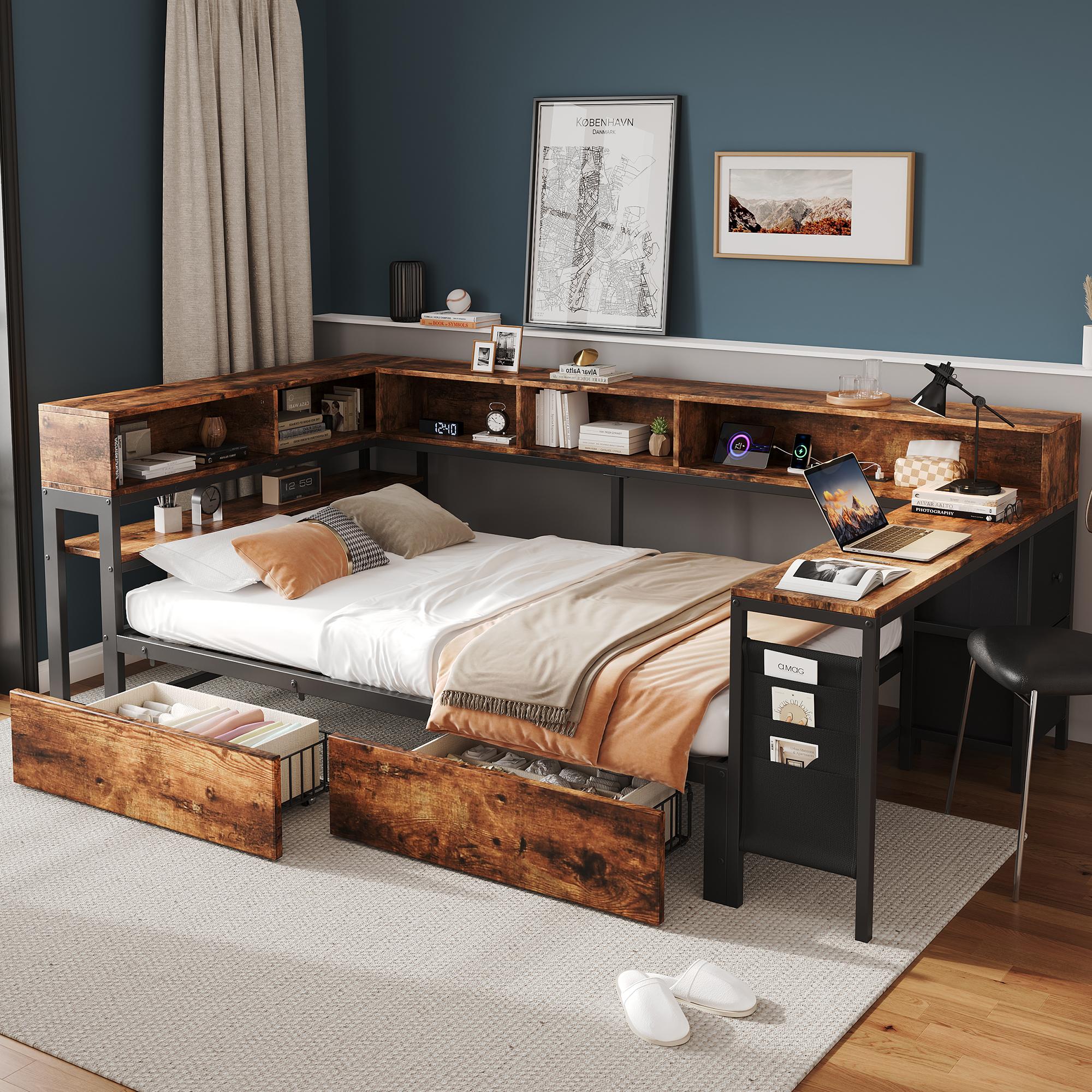Merax Metallbett Tagesbett 120x200cm mit 2 Schubladen, Kinderbett mit Ablagefächern, Ladeanschluss und Seitentisch, Einzelbett mit Stofftasche,Schwarz