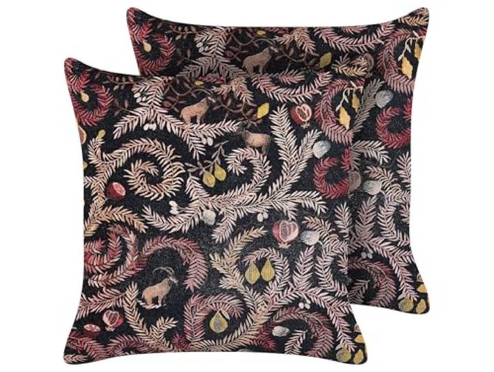 Beliani Dekokissen 2er Set mit Füllung Pflanzenmuster Samt schwarz 45 x 45 cm Ricinus