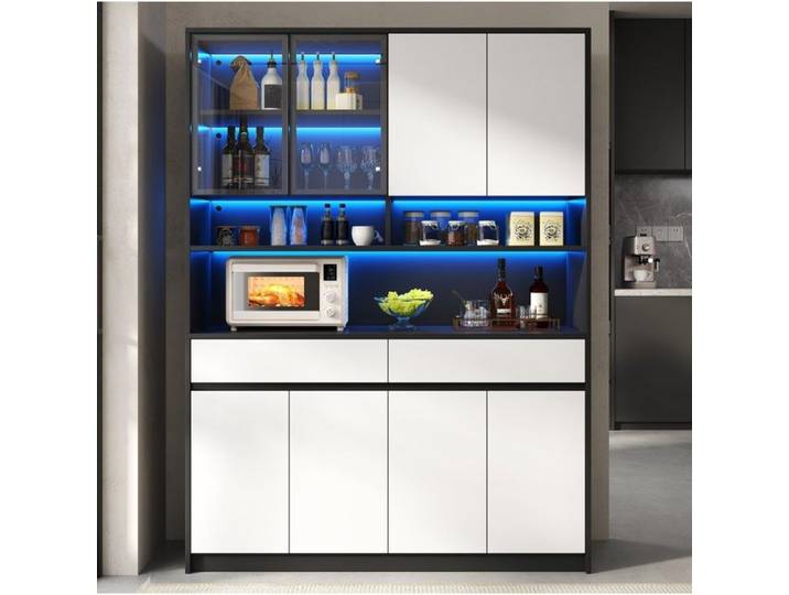 MEUBLIV Buffet haut 120 x 38 x 160 cm avec LED intégrée 8 portes 2 tiroirs vitrine en verre MDF noir et blanc