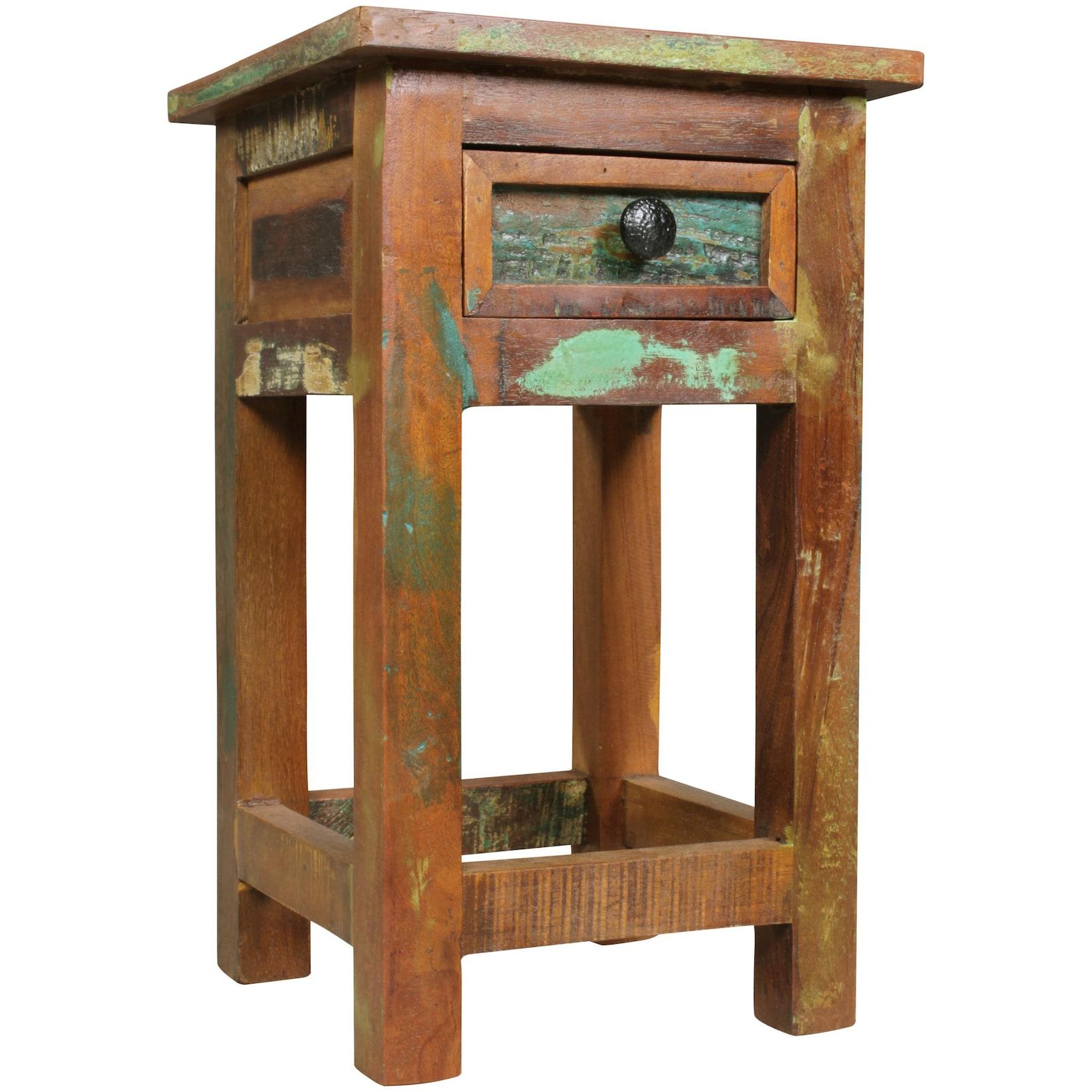 KADIMA DESIGN Shabby-Chic Beistelltisch Mangoholz - Schublade, Braun, 30 kg Traglast, Handgefertigt, KADIMA DESIGN