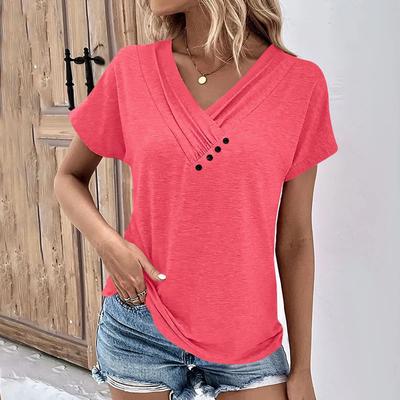 Uplifted Finds Womens Oversized V Neck Short Sleeve Solid Cotton Linen Tee l vermilion