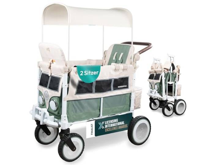 WonderFold Bollerwagen Faltbar Kinder VW2 Volkswagen KinderVan (2 Sitzer) Premium Bollerwagen Kinder mit VW-Stoßstange, funktionierenden Scheinwerfern & All-Terrain XL-Rädern Sage Green