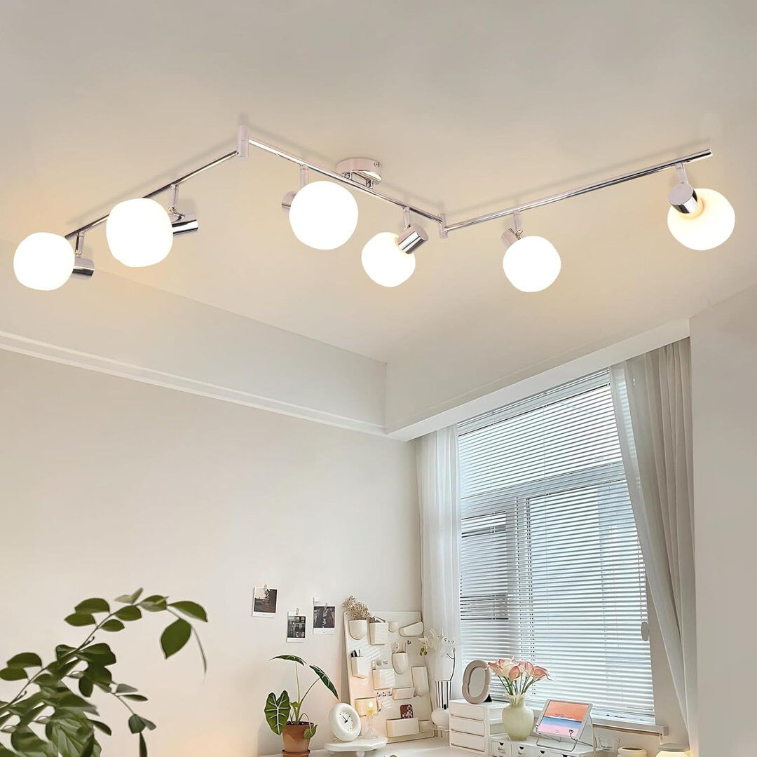 Metro Ceiling spotlight 6-flame ceiling light living room - ceiling lamp spotlight indoor vintage glass ceiling spots E14 Morden 350° swivel spots for bedro Silver 17cm H X 150cm W X 10cm D