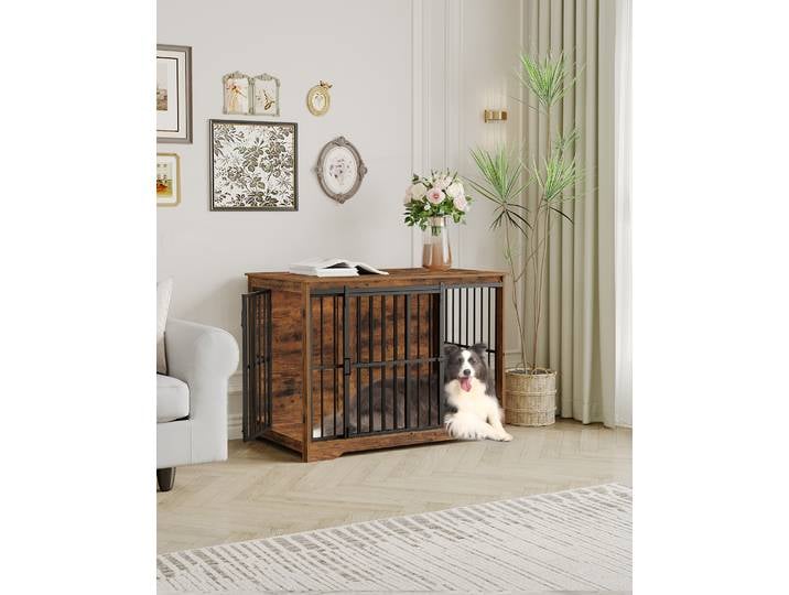 Cage à chien vintage marron, 110 cm, 2 portes, cage à chien moderne pour intérieur, table d'appoint, porte coulissante renforcée