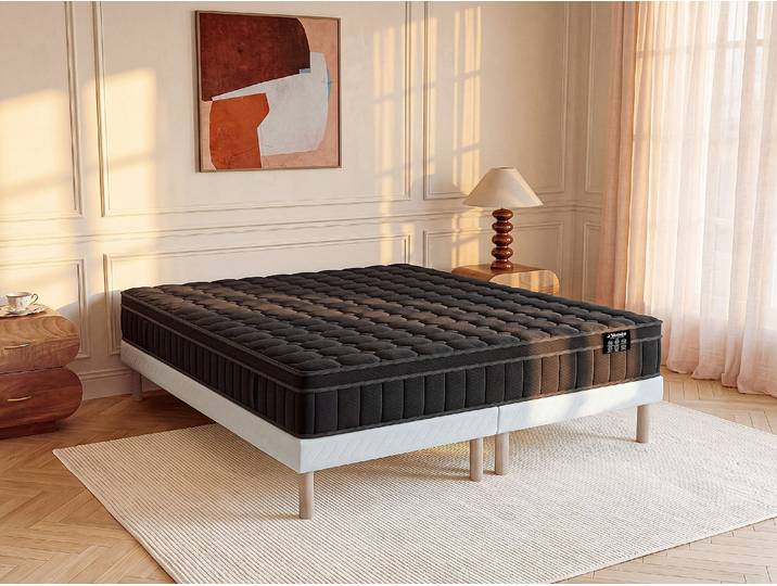 Set aus Matratze und Bettgestell 180 x 200 cm - Matratze und Bettgestell mit Lattenrost und Stoffbezug - Hybridmatratze mit Taschenfederkern, 7 Zonen, Memoryschaum und schwarzem Bezug, Stärke 25 cm - von YSMÉE TOLCA