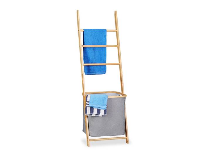 Relaxdays Handtuchhalter Natur Bambus mit Wäschesack, Hellbraun, Holz, 43.5x139x33 cm, Badezimmer, Badezimmerausstattung, Handtuchhalter