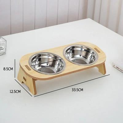 Inspired Living 2 in 1 Elevated Stainless Steel Pet Bowls With Wooden Anti Tip Stand b
