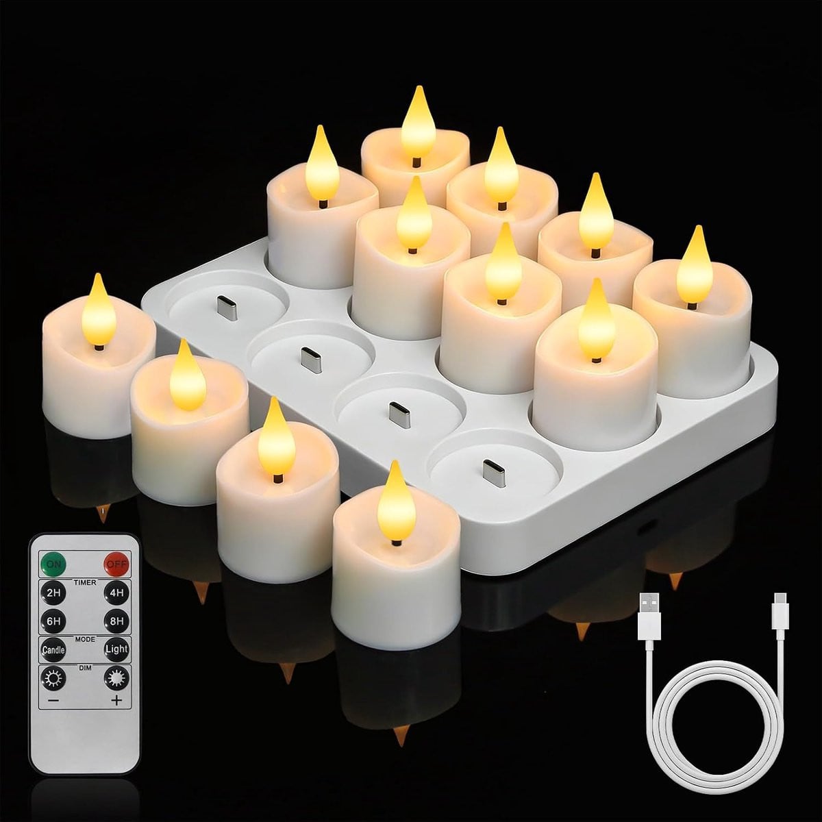 ShopVlot Oplaadbare Led-theelichtjes met Afstandsbediening en Timer, 12 stuks, Warmwit