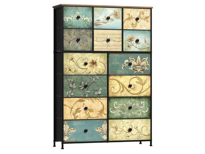 Commode avec 14 tiroirs table de maquillage de style bohème avec plateau en bois tiroirs en tissu structure en métal commode