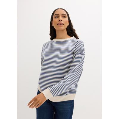 Sweatshirt BONPRIX "Oversize-Sweatshirt", Damen, Gr. 52/54 (XXL), blau (jeansblau, wollweiß gestreift), Sweatware, Obermaterial: 60% Baumwolle, 40% Polyester, gestreift, oversize Po-bedeckend, Rundhals, Bündchen, Sweatshirts Sweatshirt,...