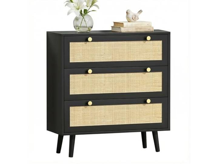 Skokliz 3-Schubladen Kommode mit Rattanfront Moderner Komodenschrank fürs Schlafzimmer Kommode Großer Stauraum Schubladenkommode Naturlook Kommode mit Schubladen, 80x40x91CM