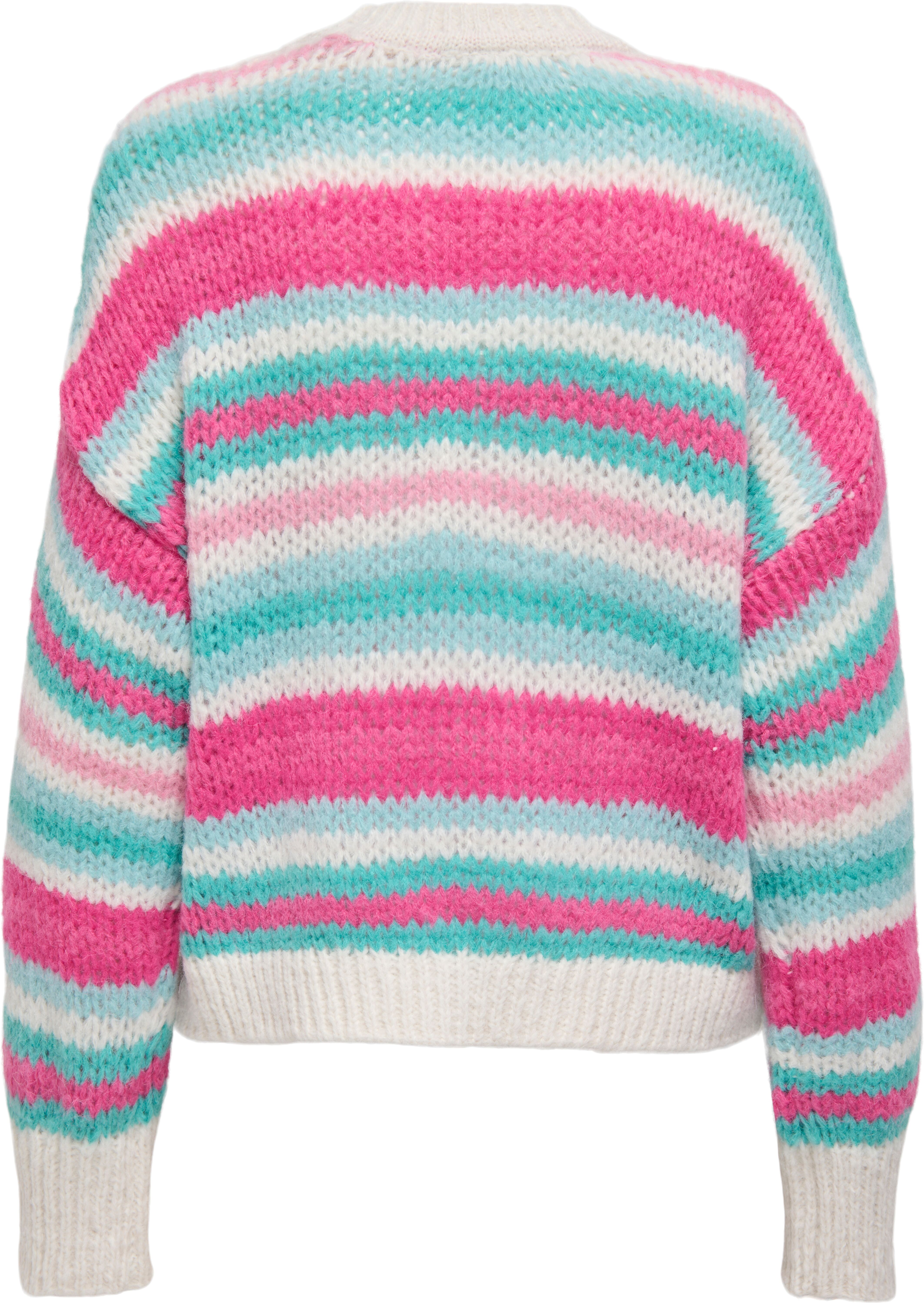 Strickpullover ONLY "ONLALYSSA LIFE LS STRIPE O-NECK CC KNT", Damen, Gr. M, bunt (birch stripes:aqua s, bright a, fusia p, knout p, sea p), Strick, Obermaterial: 100% Polyester, gestreift, regular fit, Rundhals, Pullover Strickpullover birch stripes:aqua 