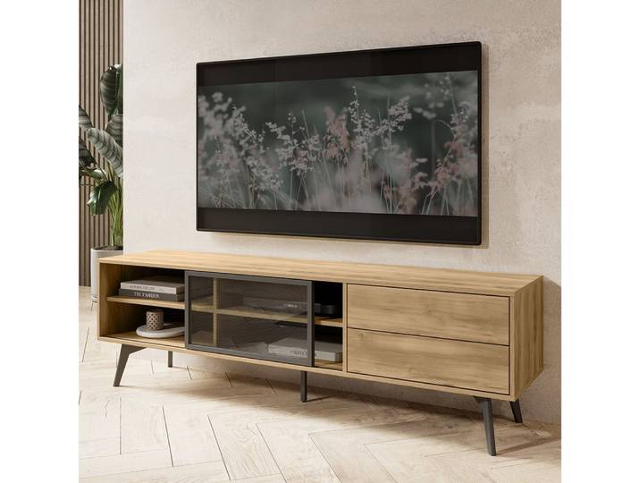 Lomadox Lowboard SIRACUSA-160, TV Board in Eiche 180cm breit mit Glastür und Schubladen