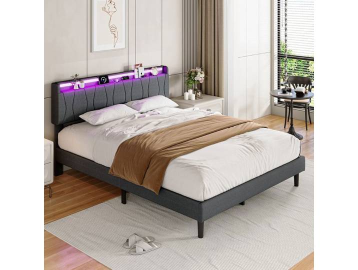 lit double 160x200 avec led lit capitonné 160x200 avec ports de recharge usb et type-c lit rembourré cadre de lit 160x200 led gris