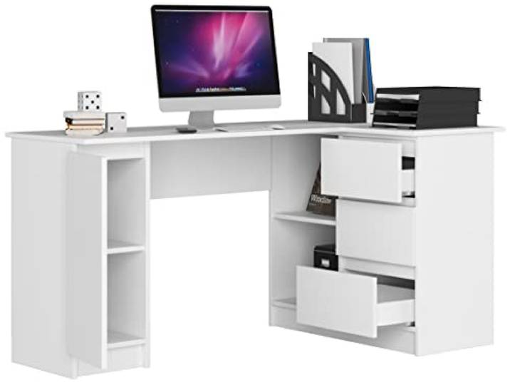 BDW Eckschreibtisch Rechts, 3 Schubladen und 4 Einlegeböden, viel Platz zum Ausbreiten, für Jugendzimmer, Büros und Ateliers, Computertisch, Arbeitstisch, Bürotisch, 155x77x86, Weiss