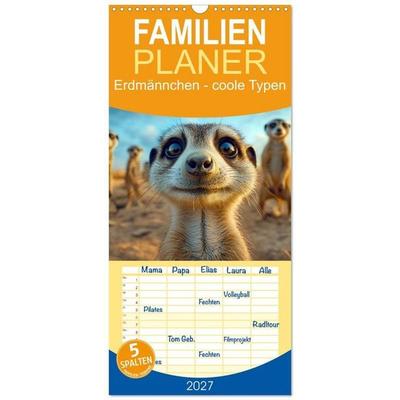 Familienplaner 2027 - Erdmännchen - coole Typen mit 5 Spalten (Wandkalender, 21 x 45 cm) CALVENDO
