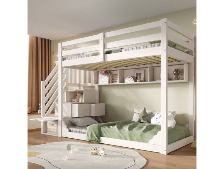 Lit superposé enfant - 90x200 - Bois - Escalier avec rangement - Barrière de sécurité