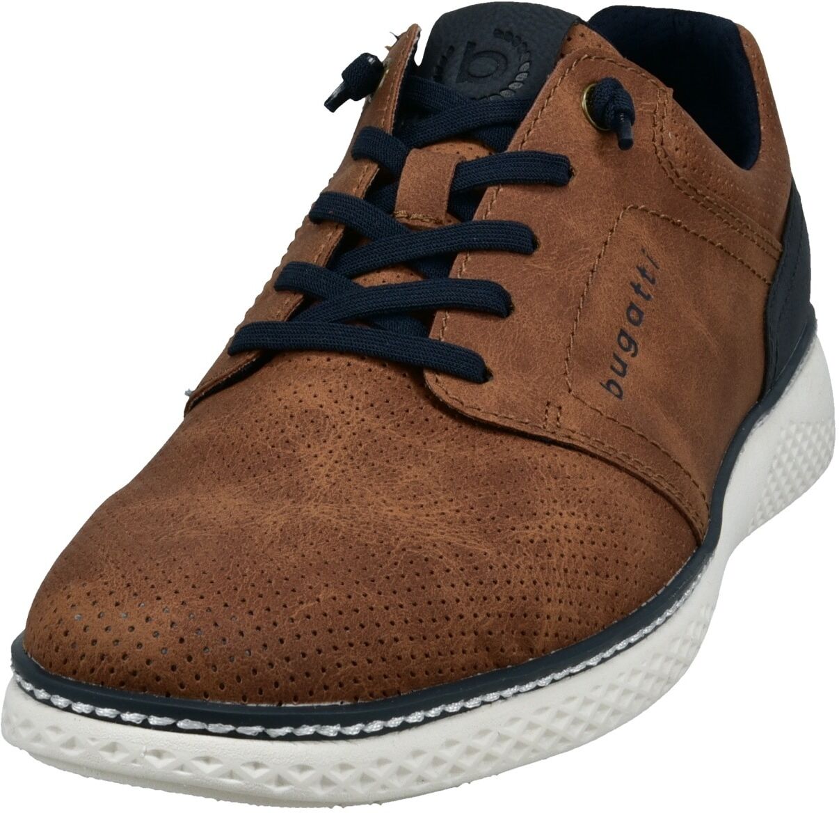 Slip-On Sneaker BUGATTI, Herren, Gr. 44, Textil, braun (cognacfarben), Lederimitat, kontrastfarbene Details, Schuhe Slip-On Sneaker, Halbschuh, Freizeitsneaker mit Perforation, elastische Schnürsenkel