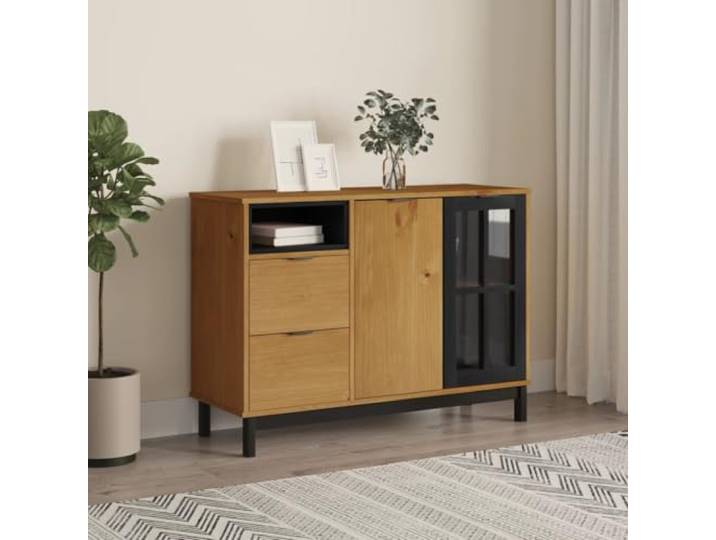 HEFZGDB Rustikales Sideboard mit Präsentationsfläche und Glastür aus Massivholz Kiefer, Massivholz Sideboard mit Stauraum und Kiefer FLAM 110x40x80 cm