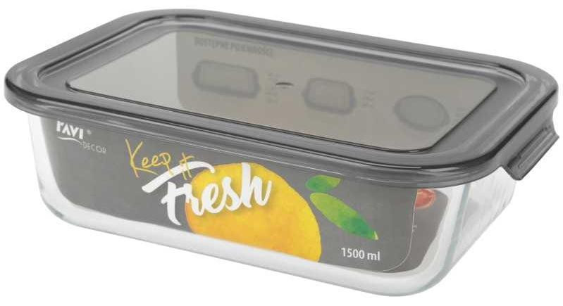 Ravi Keep It Fresh hittebestendige rechthoekige glazen bewaardoos met deksel, 1500 ml, grijs
