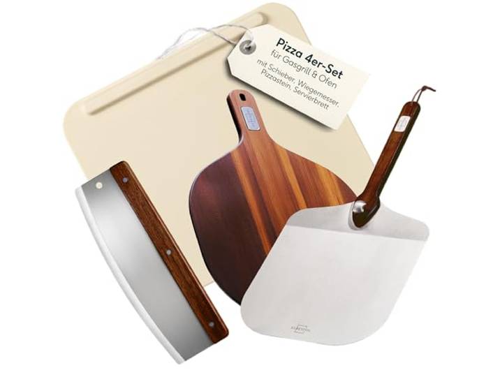 SILBERTHAL Pizzastein Set 4 teilig Pizzaschieber Edelstahl mit Pizzastein, Pizzamesser 32cm & Servierbrett