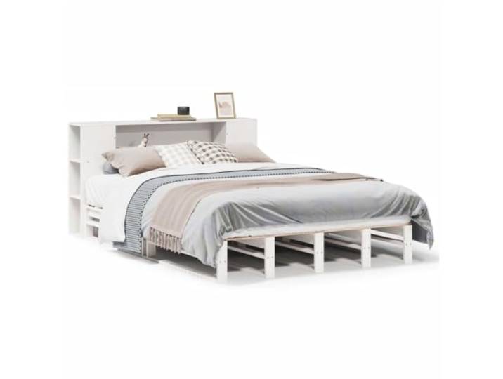 PUGYNBK Bett mit Regal ohne Matratze, Massivholz, Weiß, 135 x 190 cm Kopfteil mit Aufbewahrung, Lattenrost, massives Kiefernholz, platzsparend