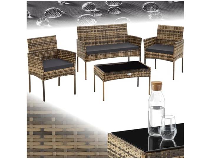 tectake® Rattan Gartenmöbel Set, Outdoor Lounge Möbel,1x Gartenbank, 2X Stuhl, 1x Balkontisch, mit Outdoor Kissen wetterfest, Balkonmöbel Kleiner Balkon, Lounge Gartenmöbel, Terrassenmöbel - Natur