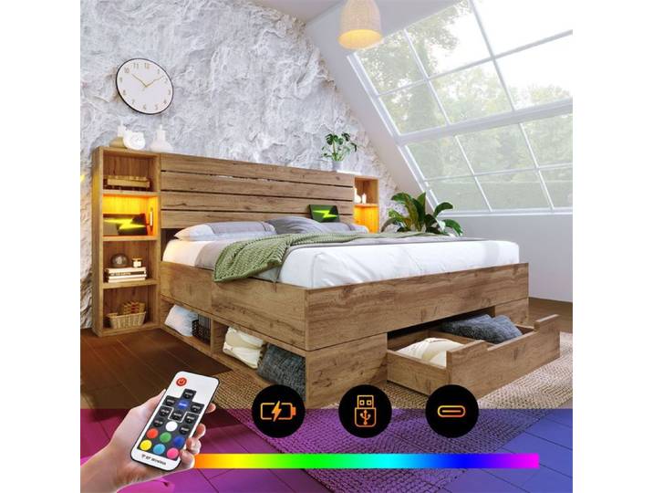 DRIPEX Lit double en bois massif 160×200cm Lit LED avec tête de lit de rangement tiroirs et USB C Chêne