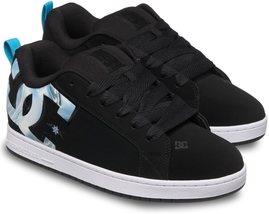 Schnürschuh DC SHOES "Court Graffik", Herren, Gr. 10 (43), schwarz (schwarz, blau jewel), Obermaterial: Leder (Kuh) / Futter: Textil / Aussensohle: Gummi., Schuhe Schnürschuh schwarz, blau jewel 10 (43)