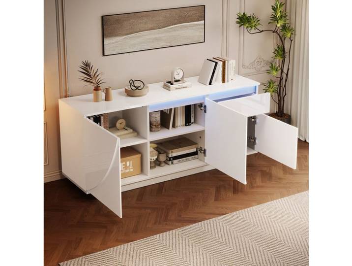 VUENOR Buffet bas 140 x 40 x 60 cm blanc brillant - LED 3 portes 1 tiroir