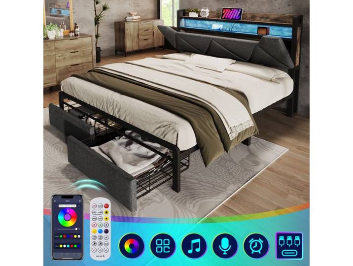 Cadre de lit double 160x 200 lits de rangement cadre de lit avec sommier à lattes en cadre métallique gris (sans matelas)