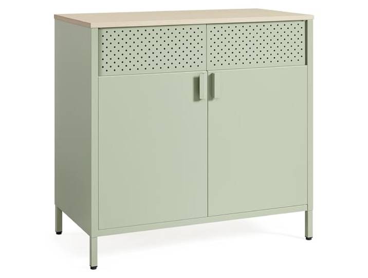 SONGMICS Aufbewahrungsschrank, Metallschrank, mit Doppeltür, Stahlgestell Magnetverschluss, Verstellbarer Einlegeboden, salbeigruen-natürliche Eiche, BRAVON Kollektion LSC102C01
