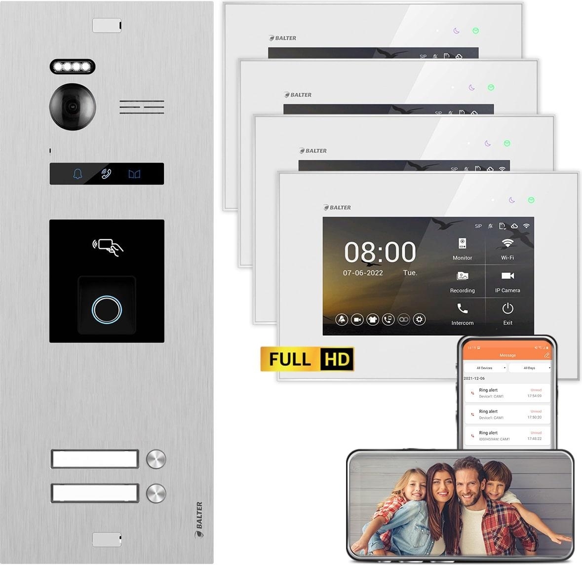 BALTER EVO HD Silber RFID/Fingerprint 2x7" WiFi + 2x7" Weiß Video Türsprechanlage Set 2 FAM