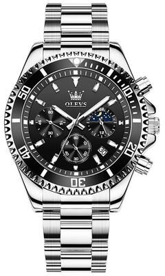 Inspired Deals OLEVS 2870 Men's Chronograph Watch Stainless Steel Quartz Watch 30M Waterproof Business Timepiece black + Silver