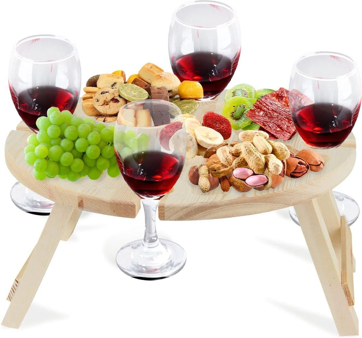 Opvouwbare ronde houten wijntafel in bruin voor in de tuin of op camping