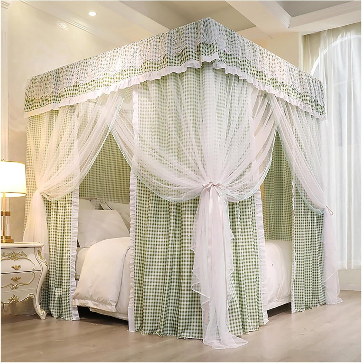 Dubbellaags groen hemelbed gordijn voor California King bed - Bedluifel voor slaapkamerdecoratie
