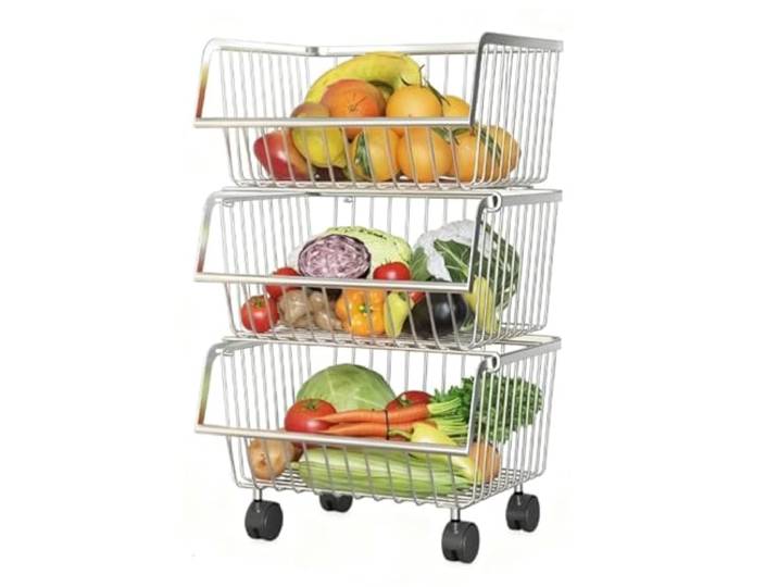 DFHetFH Rollwagen Obstkorb Aus Edelstahl for Küchenwagenständer, Verdickt for Wohnzimmer Küchenwagen(3 Tier)