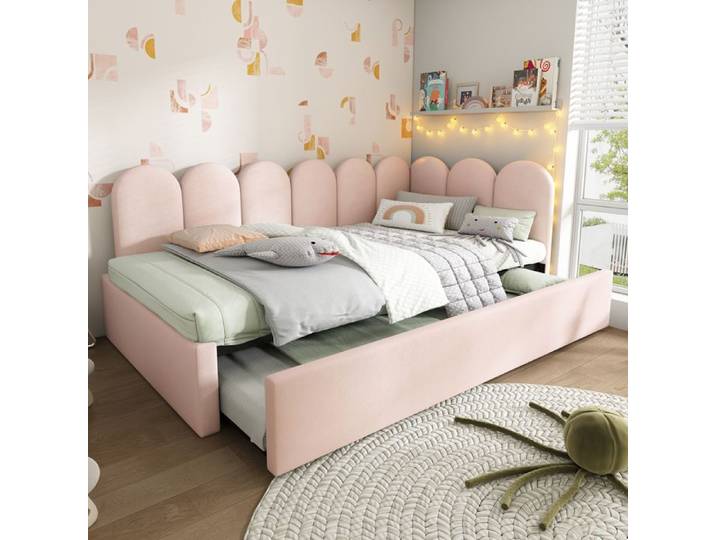 Lit banquette - KOMHTOM - Design Grille Enfantin - 90x200 cm - Lit gigogne 90x190 cm - Velours rose