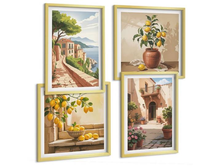 BILDER SET 4er Set - 50x50 cm & 40x60 cm Goldrahmen - Zitrusfrüchte in der Küche