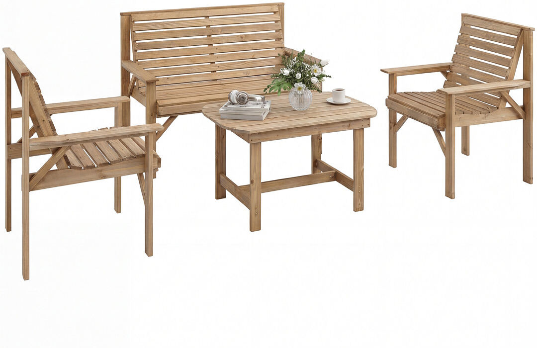 Outsunny 4 Seater Wooden Garden Furniture Set 4 Piece Embossed Finish Natural Wood 4