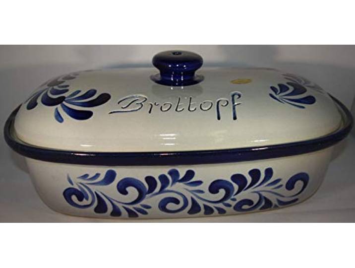 Töpferei Seifert Brottopf grau blau Gross 40 cm Brotkasten Brotbox Brotdose Brotbehälter Steinzeug LxB 41x25