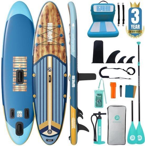 Aufblasbares SUP-Board, 320 cm - Blaues Holzdesign - Tragfähigkeit: 200 kg - Material: PVC - Für alle Könnerstufen - Stand-Up-Paddle-Board