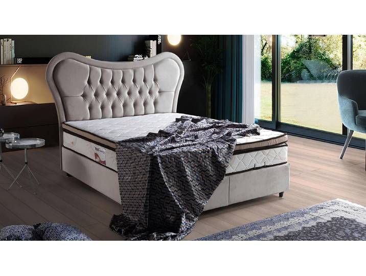 JVmoebel Boxspringbett Beige Chesterfield Möbel Set aus hochwertigem Textil mit Holzfüßen (1-St)