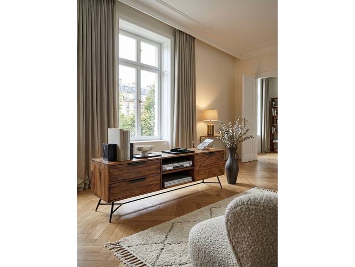 KADIMA DESIGN Lowboard Lowboard NISHAN 160x54x40 cm Massiv Holz Design Hifi-Board TV-Möbel (Industrial Fernsehkommode mit Metallbeinen), mit Stauraum und Schubladen, Massivholz Fernsehschrank Wohnzimmer