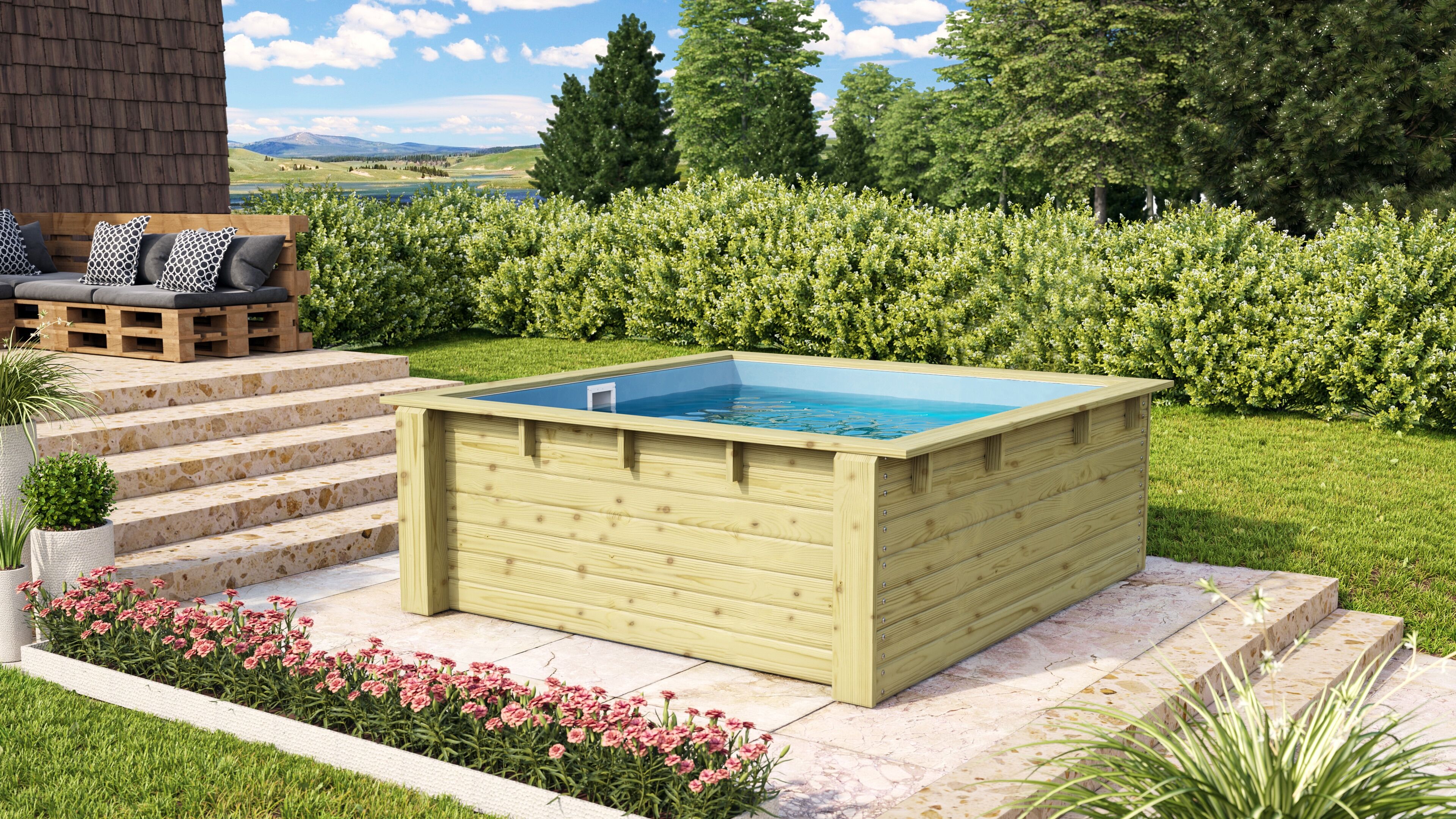 Rechteckpool KARIBU "Minipool L220 x B 220 x H 78 cm", braun, B:220cm H:78cm L:220cm Ø:300cm, Schwimmbecken, Rechteckpool, kesseldruckimprägniert, Made in Germany, Topseller
