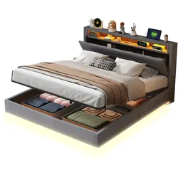 OKWISH Gepolstertes Polsterbett 160x200 cm Grau mit Leinenbezug, LED-Beleuchtung, USB-Anschluss, hydraulischem Stauraum, versteckten Füßen