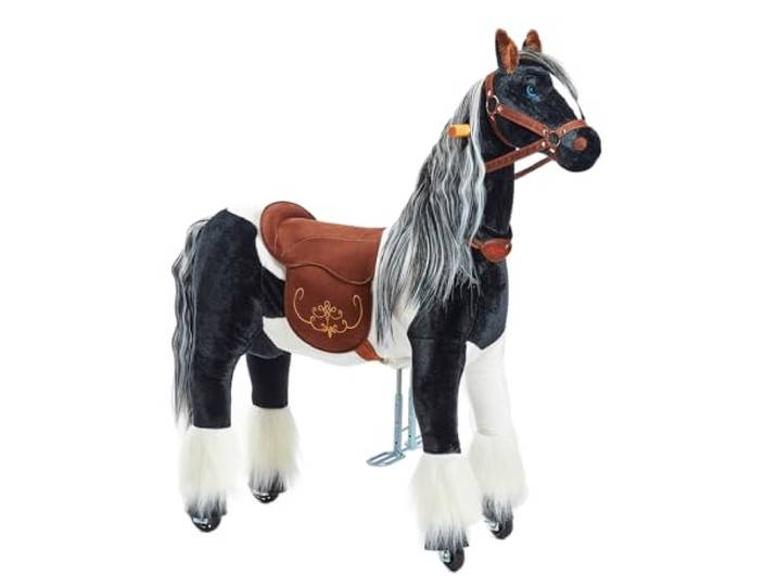 PONNIE Reitpferd mit Rollen Domino M (5-12 Jahre), Spielpferd zum Reiten mit Abnehmbarer Braun Sattel und Halfter mit Zaumzeug, Kämmbare Mähne und Schwanz, Plüschpferd zum Reiten für Kinder